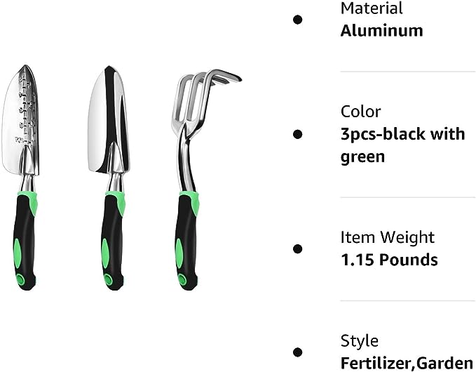 ZUZUAN Garden Tool Set, 3 Pack Aluminum Heavy Duty Gardening Kit Includes Hand Trowel, Transplant Trowel and Cultivator Hand Rake with Soft Rubberized Non-Slip Ergonomic Handle, Garden Gifts