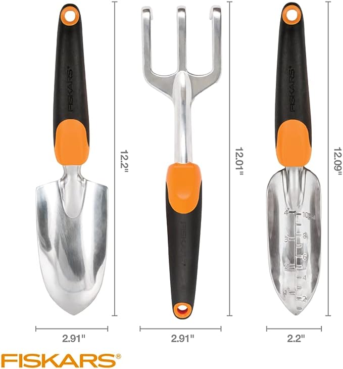 Fiskars 384490-1002 Garden Scratch Tool Set with Shovel, Hand Rake and Spade for Weed Removal, Digging, Gardening, Black/Orange