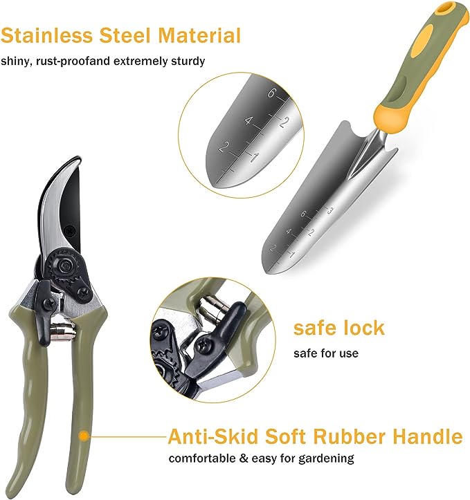 Garden Tool Set, WisaKey 9 Piece Stainless Steel Heavy Duty Green Gardening Tools with Non-Slip Ergonomic Handle, Durable Garden Tool Bag, Ideal Gardening Hand Tools, Gardening Gifts for Women and Men