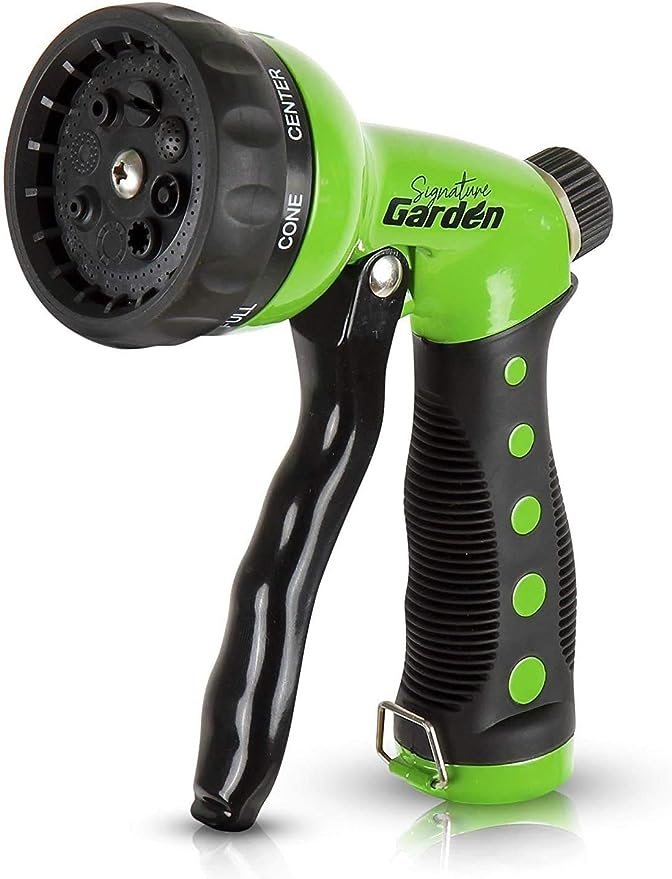 Signature Garden Heavy-Duty Water Hose Spray Nozzle - Comfort-Grip Hose Attachment - 8 Different Spray Patterns - Garden Hose Nozzle for Watering Lawns & Gardens, Washing Cars & Pets (Green)
