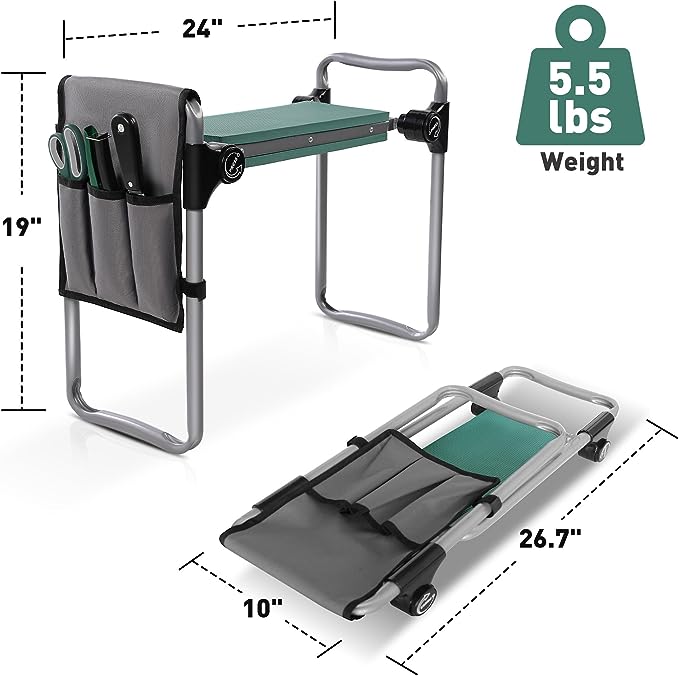 Endynino Garden Kneeler and Seat with Soft EVA Pad Button-Press Design, Foldable and Lightweight, Garden Stool with Tool Bag