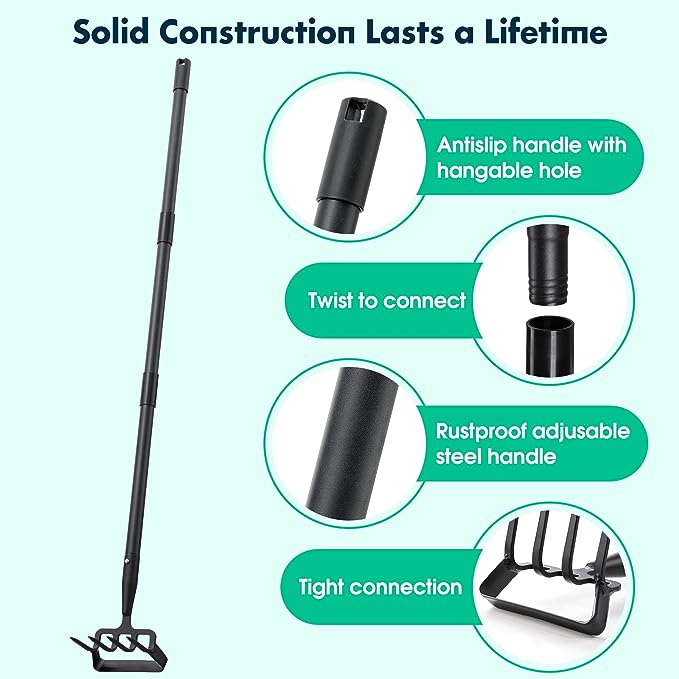 Stirrup Hoe and Cultivator for Weeding, 2 in 1 Heavy Duty Action Hoe with 62 Inch Adjustable Handle Scuffle Garden Hula Hoe with Rake, Metal Weeding Loop Stirrup Hoe for Weed Puller and Loosening Soil