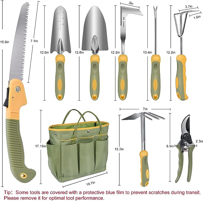 Garden Tool Set, WisaKey 9 Piece Stainless Steel Heavy Duty Green Gardening Tools with Non-Slip Ergonomic Handle, Durable Garden Tool Bag, Ideal Gardening Hand Tools, Gardening Gifts for Women and Men
