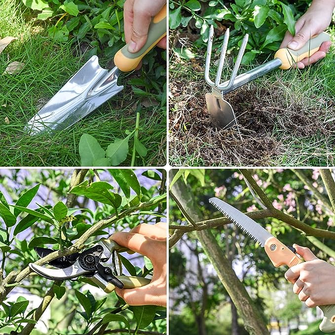 Garden Tool Set, WisaKey 9 Piece Stainless Steel Heavy Duty Green Gardening Tools with Non-Slip Ergonomic Handle, Durable Garden Tool Bag, Ideal Gardening Hand Tools, Gardening Gifts for Women and Men