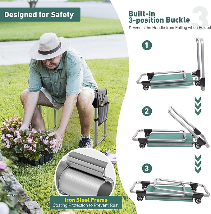 Endynino Garden Kneeler and Seat with Soft EVA Pad Button-Press Design, Foldable and Lightweight, Garden Stool with Tool Bag