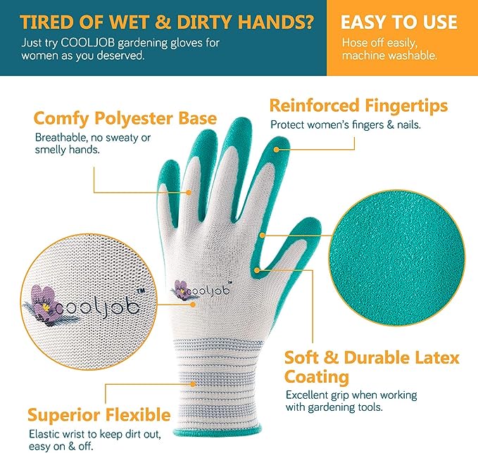COOLJOB Gardening Gloves for Women and Ladies, 6 Pairs Breathable Rubber Coated Yard Garden Gloves, Outdoor Protective Work Gloves with Grip, Medium Size Fits Most, Red & Green