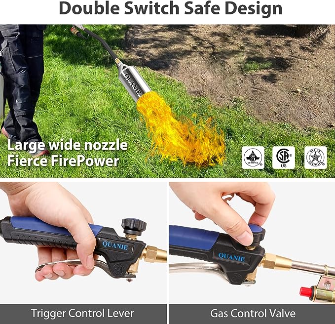 Propane Torch Burner Weed Torch High Output 800,000 BTU with 9.8FT Hose,Heavy Duty Blow Torch with Flame Control and Turbo Trigger Push Button Igniter,Flamethrower for Garden Wood Ice Snow Road (Blue)