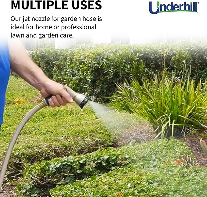 Underhill Garden Water Hose Nozzle Sprayer Head, 3/4-Inch Thread Inlet, Jet Attachment, Heavy-Duty Metal, Plant Watering, Adjustable 8 Spray Patterns, Pattern Master Gold Series, NG200-8S