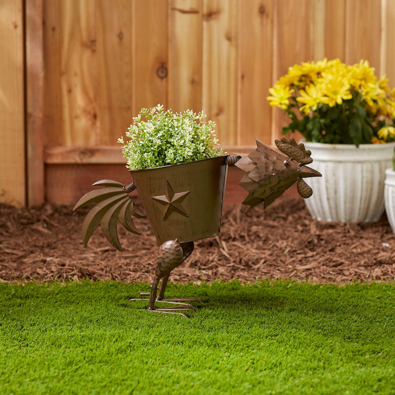 Metal Rooster Planter Sculpture-2