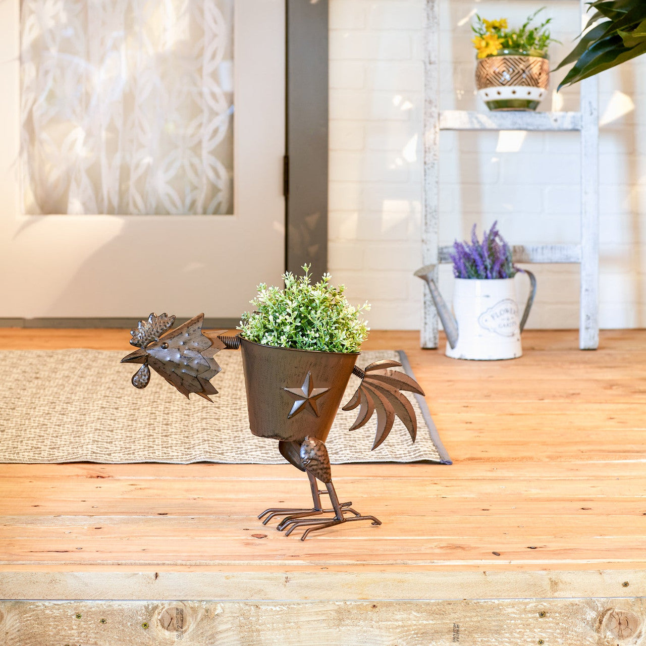 Metal Rooster Planter Sculpture-1
