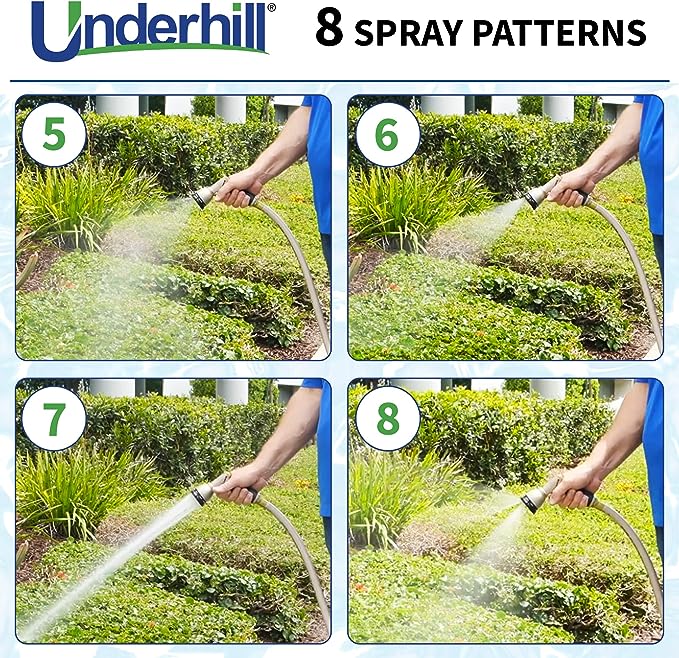 Underhill Garden Water Hose Nozzle Sprayer Head, 3/4-Inch Thread Inlet, Jet Attachment, Heavy-Duty Metal, Plant Watering, Adjustable 8 Spray Patterns, Pattern Master Gold Series, NG200-8S