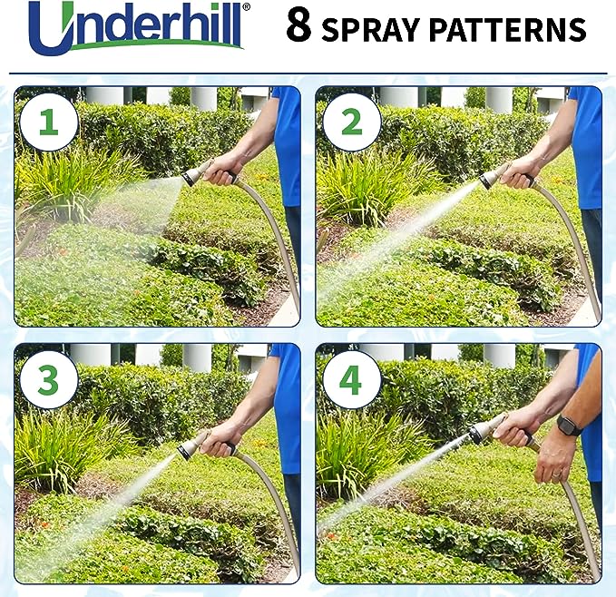 Underhill Garden Water Hose Nozzle Sprayer Head, 3/4-Inch Thread Inlet, Jet Attachment, Heavy-Duty Metal, Plant Watering, Adjustable 8 Spray Patterns, Pattern Master Gold Series, NG200-8S